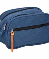 Toilettas make up tas blauw canvas 12 x 27 x 16 cm voor dames heren