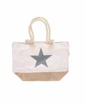Witte strandtas met grijze ster 55 cm