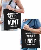 Worlds greatest aunt en uncle tasje zwart cadeau tassen set voor oom en tante