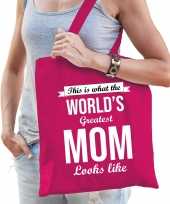 Worlds greatest mom moeder cadeau tas roze voor dames