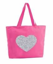 Zilveren hart glitter shopper tas fuchsia roze 47 cm