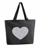 Zilveren hart glitter shopper tas zwart 47 cm