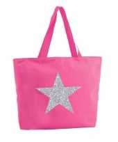 Zilveren ster glitter shopper tas fuchsia roze 47 cm