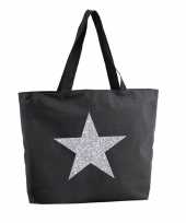 Zilveren ster glitter shopper tas zwart 47 cm