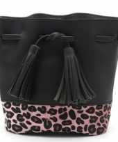 Zwart roze luipaardprint schoudertasje bucket bag 30 cm